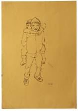 “Niño trasladando a otro niño” Tinta sobre cartulina de color, 32.5x 23 cm 1991 (estudio utilizado en la pintura "Chicharrón, 1992")| Colección del artista