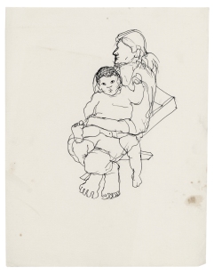 “Niño inquieto en el regazo de su madre” tinta sobre papel, 26.5×20.5 cm 1990 | Colección del artista
