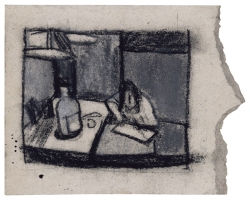 “Autorretrato con botella” tiza negra y gris sobre cartón, 15 × 19,5 cm 1987 | Colección del artista